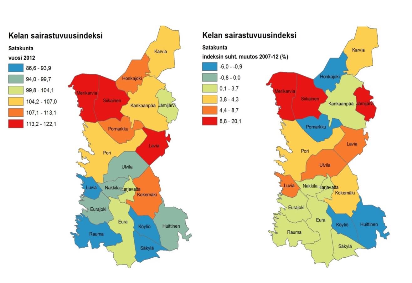 14 Kartta 1. Satakunnan kuntien Kelan sairastavuusindeksi v.212.