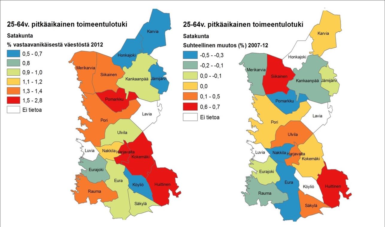 26 Kartta 1. Satakunnan kuntien toimeentulotukea pitkäaikaisesti saaneiden 25 64-vuotiaiden osuus vastaavanikäisestä väestöstä v.212.