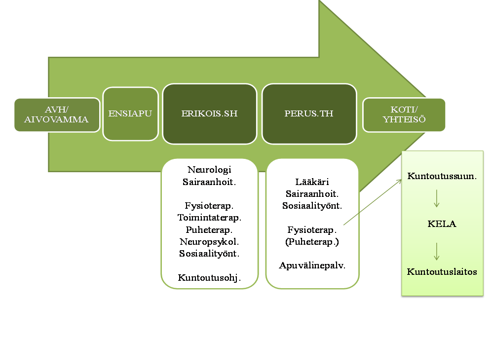 7 Kuva 1. Potilaan kuntoutuspolku (Duncan ym., 2005; Korpelainen ym., 2001, s. 232). 1.2.1 Ensiapu Ensiavussa lääkärit ja muu hoitohenkilökunta aloittavat potilaan hoidon välittömästi hänen saatuaan aivovaurion (Duncan ym.