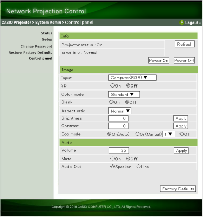 Projektorin ohjaus Wireless Presentation System ohjauspaneelista 1.