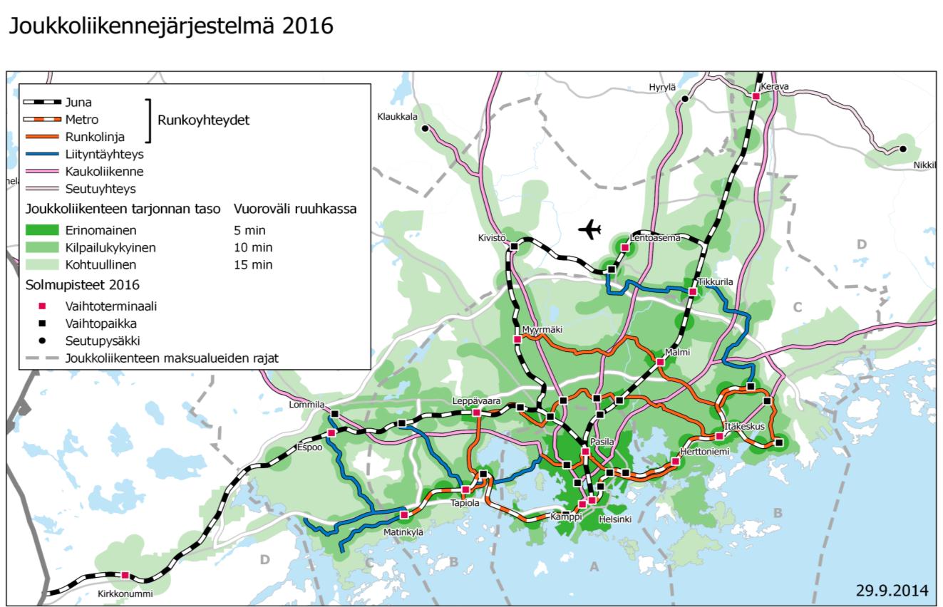 17 Kuva 6. Joukkoliikennejärjestelmä (runkoverkko, solmupisteet ja palvelutaso) pääkaupunkiseudulla vuonna 2016 (nykytilanne ja rakenteilla olevat yhteydet). Kuva 7.