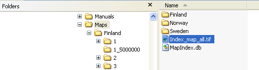Kartat <DVD-levyasema> \Maps kansio sisältää karttoja eri maista. Kartat ovat tarkkoja maastokarttoja sekä Suomesta ja pohoisesta Ruotsista tiekartan.