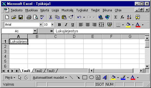 Taulukkolaskenta (1. kerta) 1 Harjoitus 1 Microsoft Excel -taulukkolaskentaohjelman käynnistys Käynnistä Microsoft Excel ensimmäistä taulukkolaskentaharjoitusta varten. Ratkaisu 1 1.