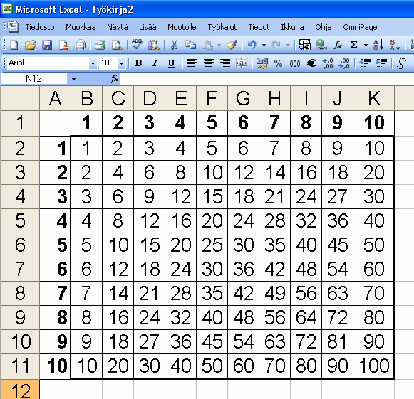 Microsoft Excel (perusteet) 11. Maalaa solut B2:U21 ja anna komento Liitä. 12. Tee vielä tarvittavat muotoilut ja tallenna taulukko. 14 Harjoitus 14 Tee kertolaskutaulukkoa.