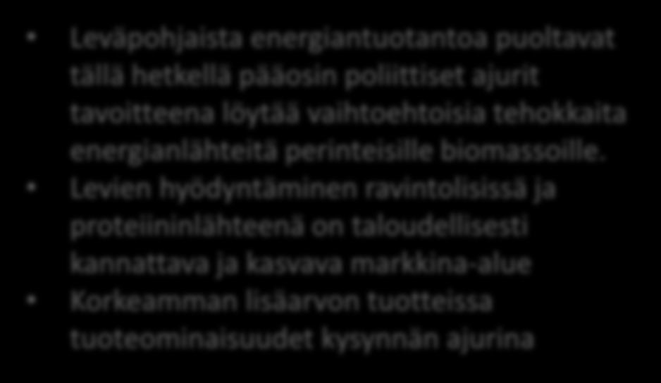 eväpohjaiset polttoaineet ja kemikaalit - AMRIKKA Houkutteleva Kiinnostava markkinaalue, jonka kypsyminen vaatii vielä teknologiakehitystä.