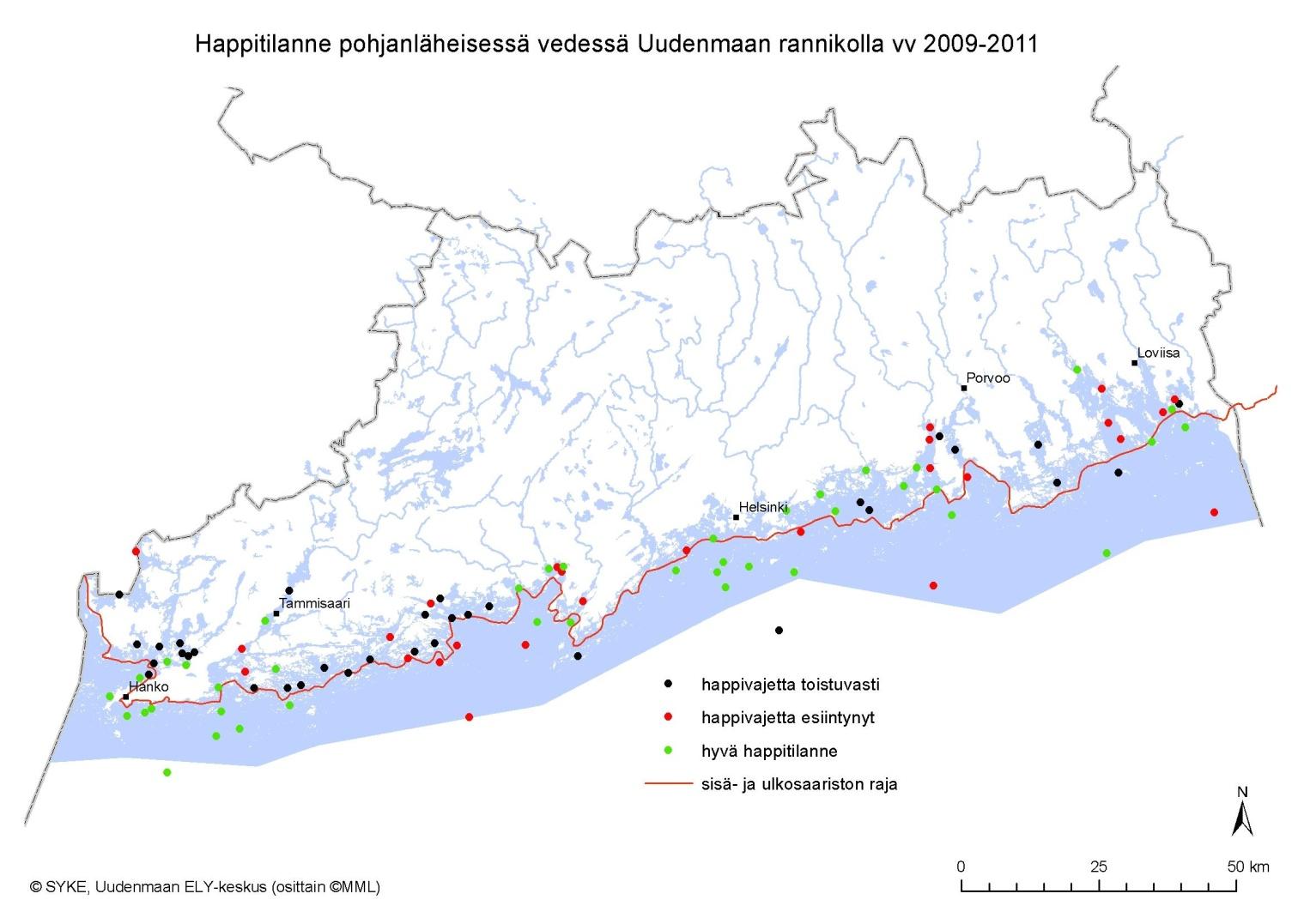 Kuva 5. Happitilanne lähellä pohjaa vuosina 2009-2011.