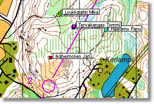 12 Reittihärveli - Firmaliiga Kilpailijat lähtevät liikkeelle yhtäaikaa omille reiteilleen. Kukin kilpailija on merkitty värillisellä neliöllä.