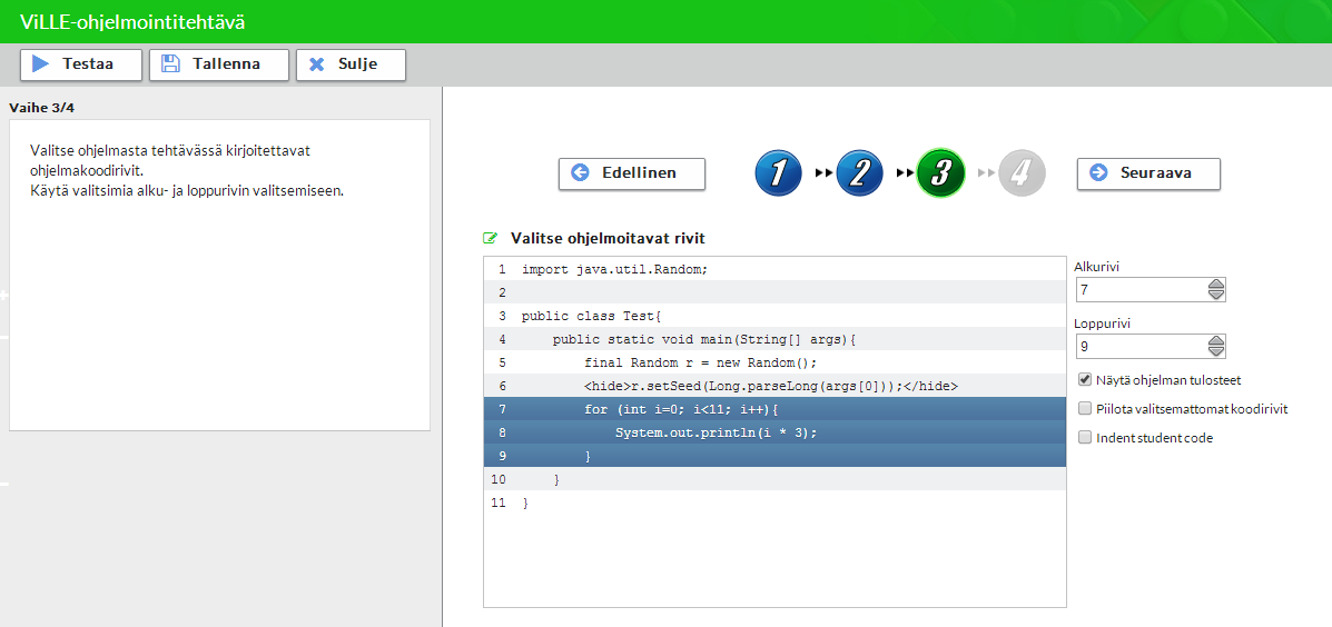 Toisessa vaiheessa näytetään ohjelmakoodin käännökset muille kielille (Python, javascript, PHP, C, C#, PSEUDO). Voit muokata käännöksiä mikäli tarpeellista.