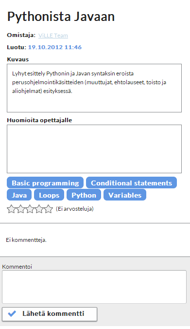 Kuva 64 Tutoriaali valittuna selausnäkymästä Avautuvasta näkymästä löytyvät seuraavat tärkeimmät osiot: 1. Ylimpänä näkyy tutoriaalin nimi ja sen omistaja. 2.