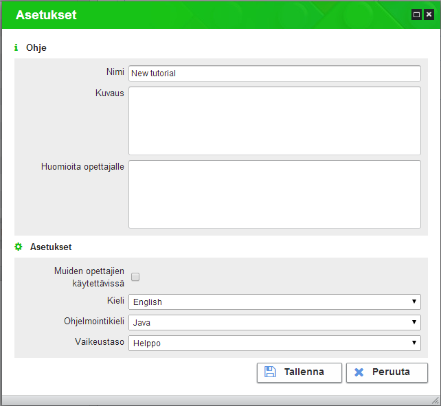 Kuva 74 Tutoriaalin asetukset Tutoriaalille annetaan samat perustiedot kuin muillekin resursseille: Nimi näkyy sekä opiskelijoille että opettajille, kuvaus on tarkoitettu opiskelijoille antamaan