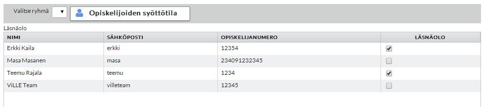 oima. Taulukon sisältö vaihtelee valitun tehtävätyypin mukaan.