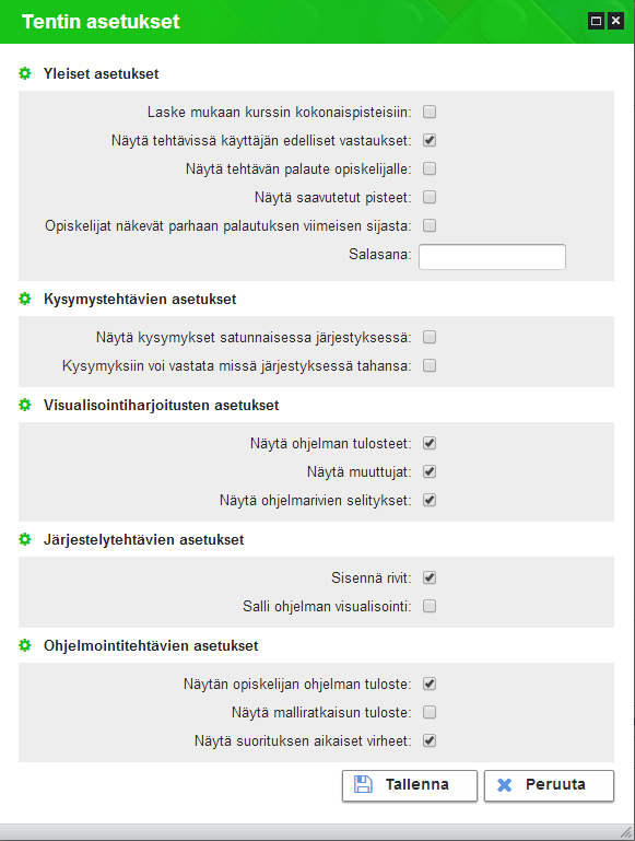 Kuva 24 Tentin asetukset Asetukset on jaettu viiteen eri kategoriaan, joista ensimmäisessä säädetään tentin yleisiä asetuksia, ja loput neljä liittyvät erityisesti tiettyihin tehtävätyyppeihin.