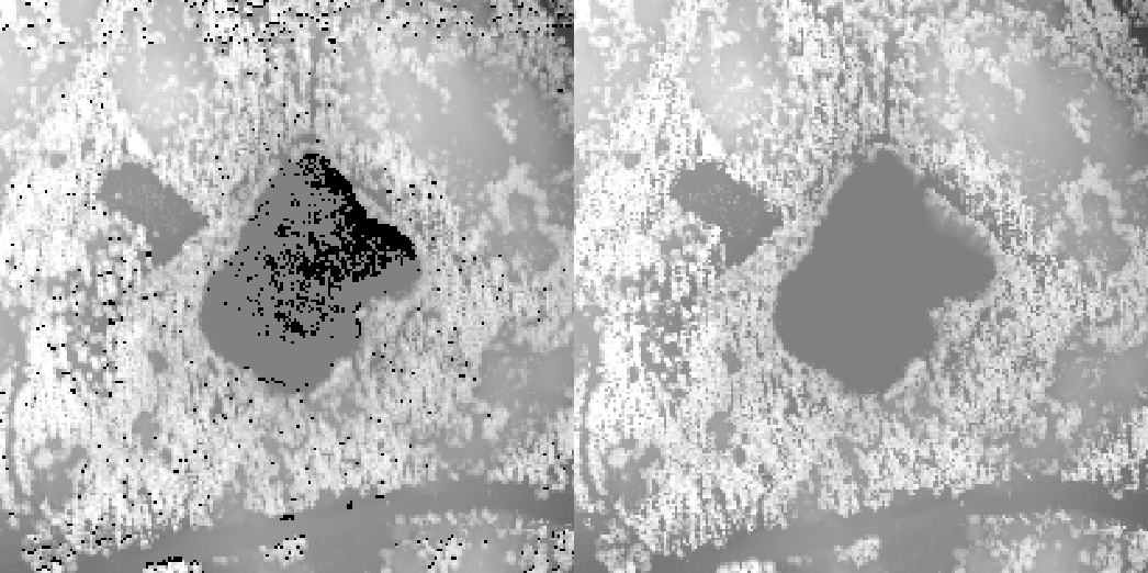 Kuva 16: Vasemmalla puolella on rasteroitu laserkeilausmalli pienen lammen alueella. Mustien alueiden kohdalla ei ole laserpisteitä. Oikealla on kolmioverkosta rasteroitu laserpintamalli.