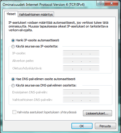 Tarkista, että sekä IP-osoite, että DNS-palvelimet haetaan automaattisesti. Tähän ei siis tule käsin syöttää mitään. Paina OK, ja edelliseen ikkunaan OK, niin verkkoasetusten pitäisi olla kunnossa.