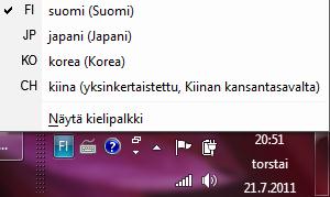 www.kanjikaveri.net Ohje 4 (6) Japanin kirjoittaminen Käytössä oleva näppäimistö näkyy oletuksena tehtäväpalkin oikeassa reunassa. Tässä minulla on käytössä oletusnäppäimistöni suomi.