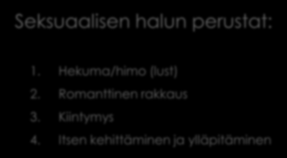 Helen Fisher: Seksuaalisen halun perustat: 1. Hekuma/himo (lust) 2.