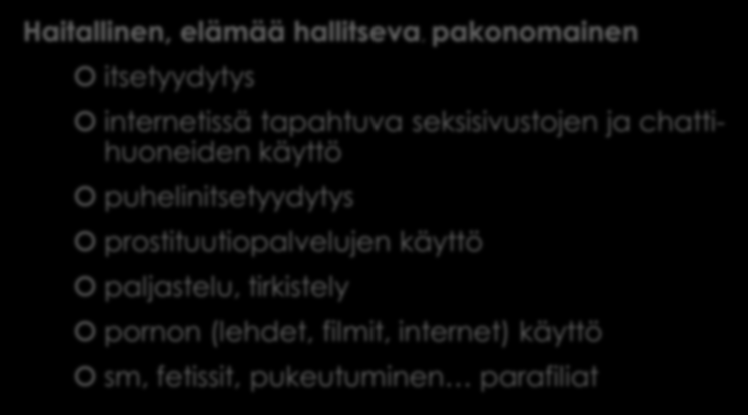 Addiktoitunut seksikäyttäytyminen Haitallinen, elämää hallitseva, pakonomainen itsetyydytys internetissä tapahtuva seksisivustojen ja chattihuoneiden käyttö