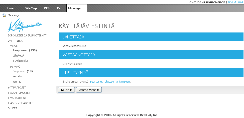 Kuva 4. Viestin katselunäkymä. Vastaavalla tavalla käyttäjä voi katsella myös erillisissä kansioissa olevia lähetettyjä ja arkistoituja viestejä.