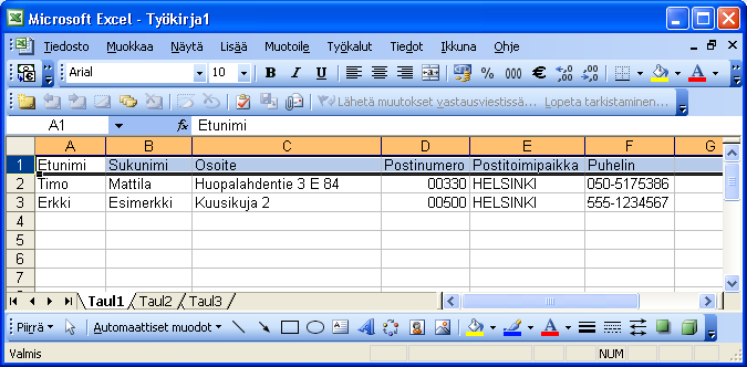 Liite D Jäsenrekisteri Excel-taulukosta Jäsenten perustietojen tuonti Excelistä onnistuu Jäseriin. Tässä vinkkejä taulukon saattamiseksi sopivaan muotoon.