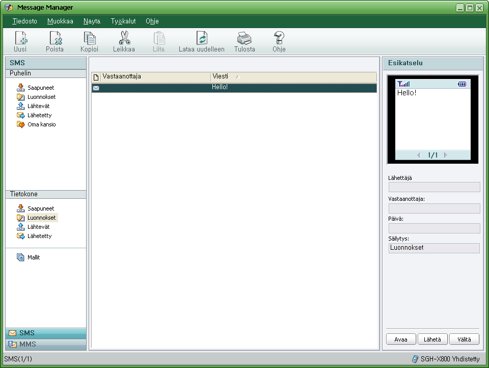 Message Manager (Viestien hallinta) - Mahdollistaa puhelimeen tallennettujen viestien tarkastelemisen, muokkaamisen ja järjestämisen tietokoneen avulla.