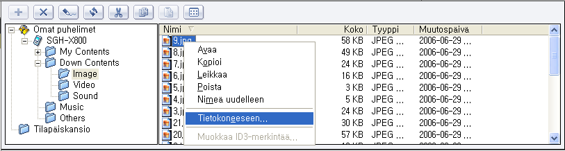 1 Napsauta ikkunan yläreunan Näytä puhelin -kuvaketta, valitse lähetettävä tiedosto ja valitse Tiedosto > Puhelimeen. 2 Valitse Etsi-ikkunasta kohdekansio ja valitse OK.