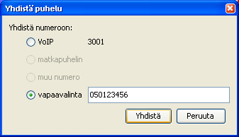 tilaajalle määriteltyyn muuhun numeroon. Voit myös syöttää vapaavalintaisen numeron, johon puhelu yhdistetään. Numeron valittuasi, paina dialogista Yhdistä.