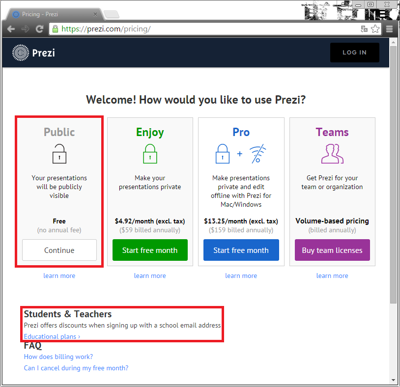 Ensimmäiseksi Prezi kysyy lisenssin tyyppiä. Prezi tarjoaa neljä vaihtoehtoa: Public, Enjoy, Pro sekä Team.