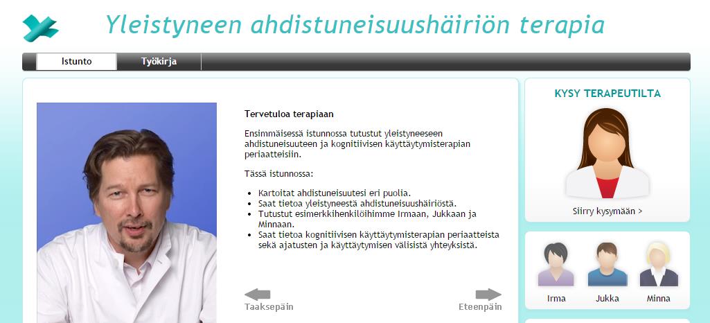 muistiinpanon (D). Tapahtumat -osiosta työkirjan alaosasta (E) näet kaikki terapiassa tapahtuneet toiminnot.