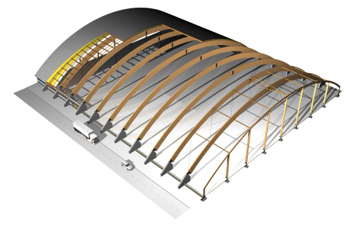RUNKOJÄRJESTELMÄT Kuva 5.15 Kaarirungolla toteutettu halli ulkoapäin. Liimapuukaari Hallin leveys (m) Taulukko 5.