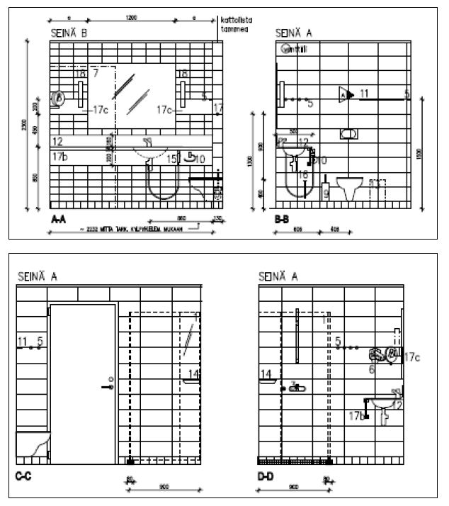 Kuva 6.5 Tyyppihuonekaavio Hotellihuoneen kylpyhuone-elementti, seinäprojektiot (Piispanen 2010) Kuvissa 6.4 ja 6.