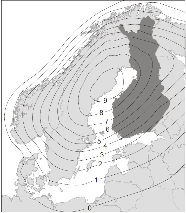 11 metriä merenpinnan alapuolella nykyiseen tasoon nähden esimerkiksi Erosen (1974) kartasta tulkittuna.