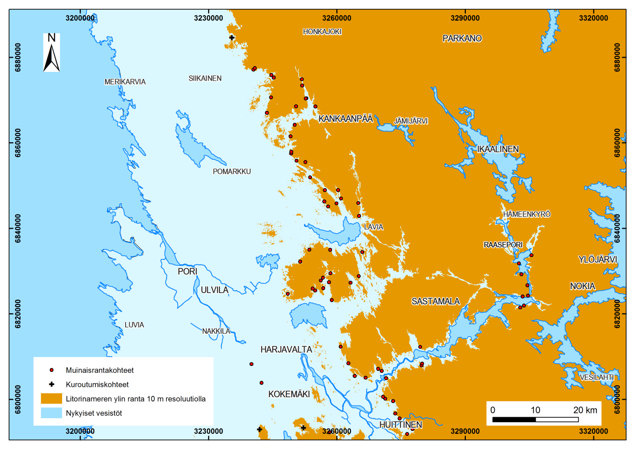 65 Kuva 33: Kankaanpään, Pomarkun ja Lavian alueiden 10 metrin resoluutiolla rekonstruoitu Litorinameren ylin ranta. Vesistöt (vakavedet): Maanmittauslaitos ja HALTIK 2013. 5.8.6. Pohjanmaan alue Pohjanmaan alueen korkeustason interpolointi on vaikeaa, sillä tutkittuja kohteita, jotka ovat sopivia interpolointiin, löytyi vähän kirjallisuudesta.