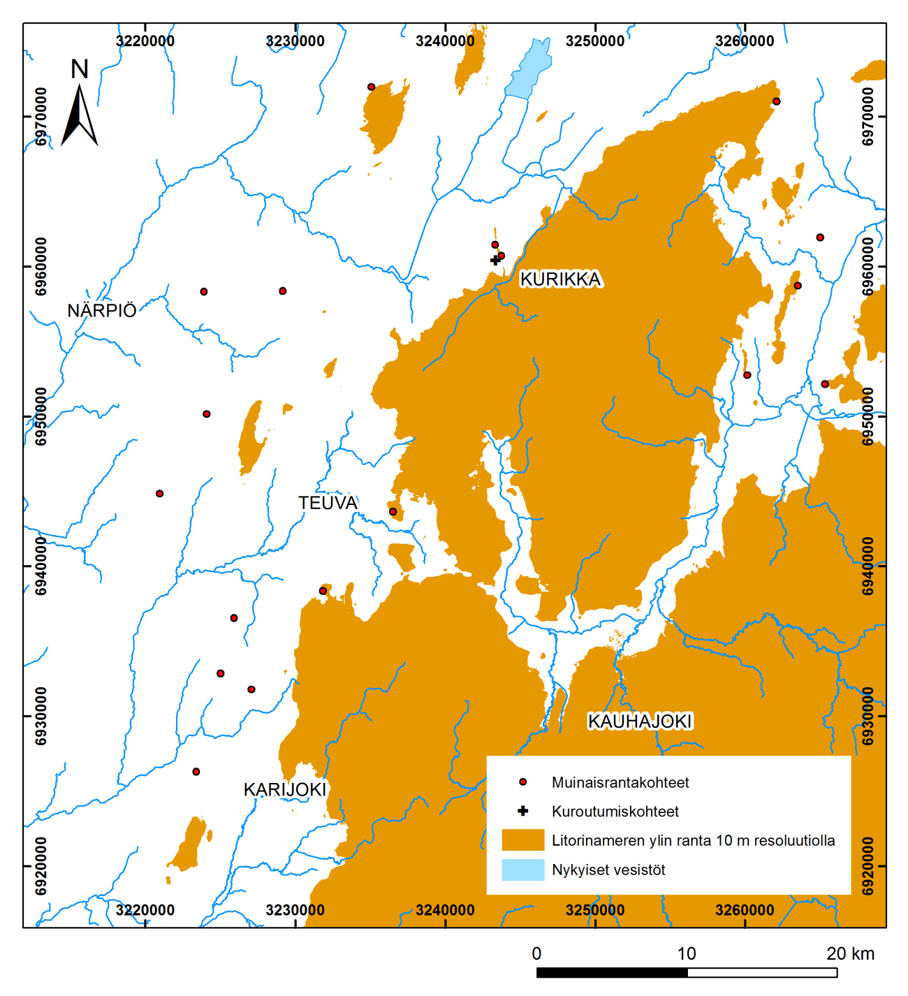 66 Kuva 34: Kurikan, Kauhajoen ja Teuvan alueiden alueen 10 metrin resoluutiolla rekonstruoitu Litorinameren ylin ranta. Vesistöt (vakavedet): Maanmittauslaitos ja HALTIK 2013.