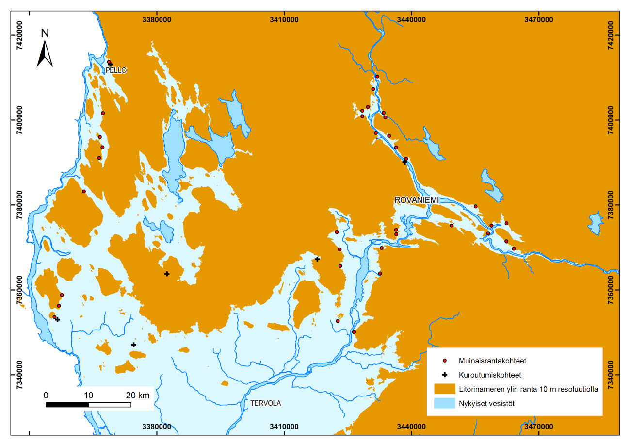 70 5.8.9. Rovaniemen alue Kuva 37: Rovaniemen, Pellon ja Ylitornion alueiden 10 metrin resoluutiolla rekonstruoitu Litorinameren ylin ranta. Vesistöt (vakavedet): Maanmittauslaitos ja HALTIK 2013.