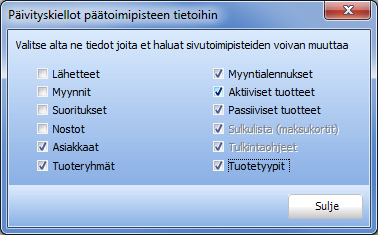 PÄIVITYSKIELTOJEN ASETTAMINEN Jos halutaan varmistua, että sivutoimipisteet eivät pääse synkronoimaan tiettyjä tietoja, niin tämä voidaan määritellä päätoimipisteen päässä Päivityskiellot-näppäimellä