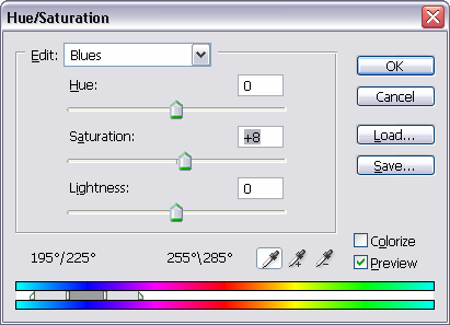 Värien sääs äätö Hue/Saturation Voit valita väriryhmän, johon haluat vaikuttaa ja säätää sävyä,