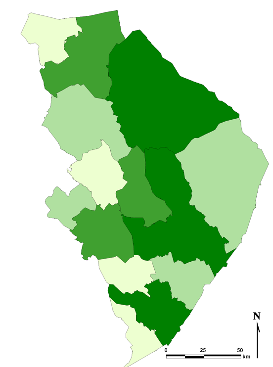 Kuva 16. Rikkidioksidin päästöt (tn) Pohjois-Karjalassa kunnittain vuonna 2008 (Ympäristöhallinnon Hertta-tietojärjestelmä 2011). Kuva 17.