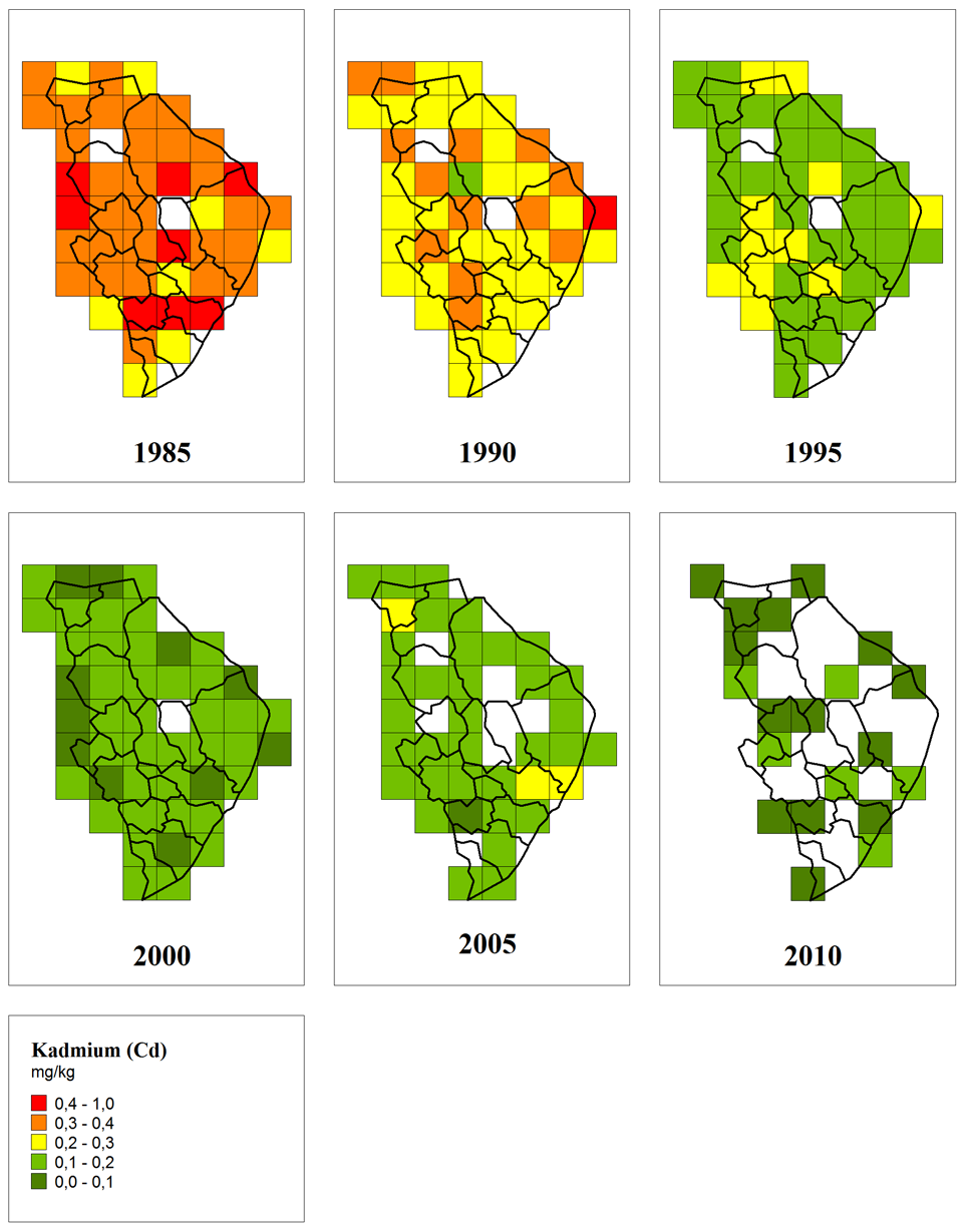 Kuva 64. Sammalten kadmiumpitoisuus Pohjois-Karjalassa vuosina 1985 2010.