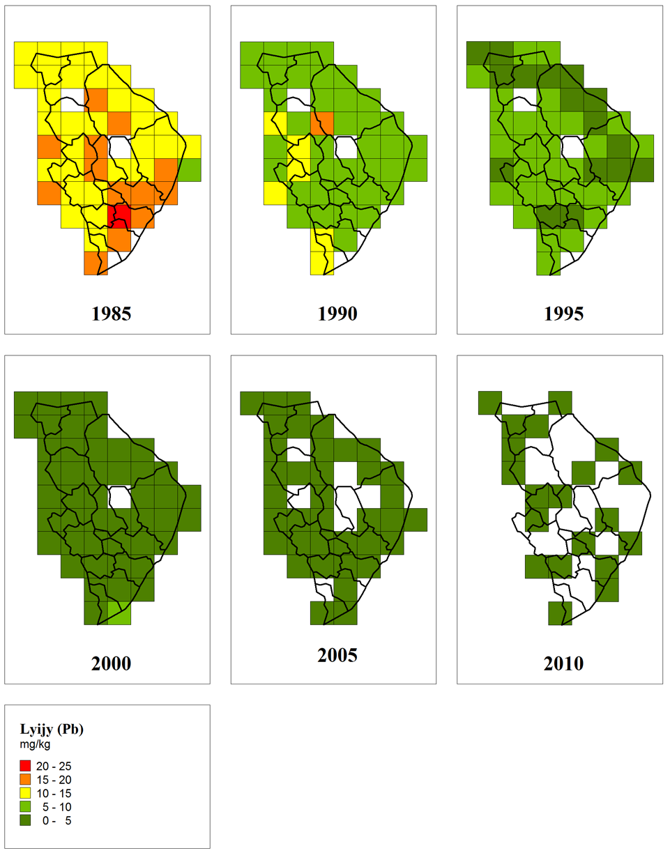 Kuva 66. Sammalten lyijypitoisuus Pohjois-Karjalassa vuosina 1985 2010.