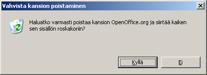 - 114 - C:\Documents and Settings\Järjestelmänvalvoja\Application Data\OpenOffice.org Kansion poistamiseksi napsautetaan sen kuvaketta ja painetaan Delete-näppäintä.