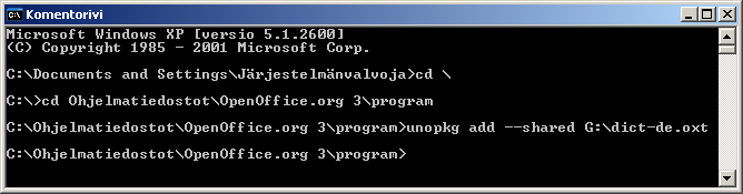 - 64 - Unopkg-komentojen suorittamiseksi on joko viitattava suoraan kyseiseen kansioon ja unopkgohjelmaan tai siirryttävä Windowsin komentorivin komennoilla kyseiseen kansioon.