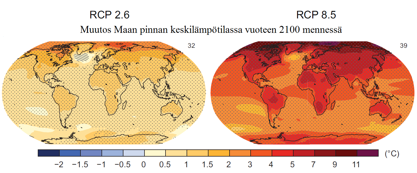 Kuva 6. Keskilämpötilan alueelliset muutokset Maan pinnalla vuoteen 2100 mennessä (IPCC 2013b). Skenaarioiden arviot ovat suhteutettu vuosien 1986 2005 havaintoihin.