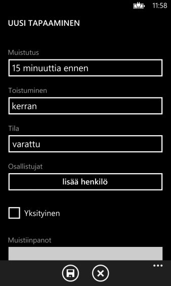 Kalenterimerkinnän tekeminen Lähde tekemään uutta kalenterimerkintää painamalla plus painiketta. Täytä itsellesi tarpeelliset kentät ja valitse kalenteri.