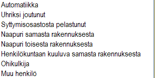 112 (148) "Automatiikka"-vaihtoehdolla tarkoitetaan automaattista paloilmoitinta tai automaattista sammutuslaitteistoa sekä esimerkiksi vartiointiliikkeen hälytyskeskukseen kytkettyä palovaroitinta,