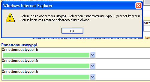 12 (148) X.2.1 X.2.1.1 Onnettomuustyyppi Onnettomuustyyppi Onnettomuustyypin valintaan on oma ohje, Onnettomuustyypin valinta X.2.1.2 Levisikö palo syttymiskohdastaan muuhun irtaimistoon tai rakennuksen rakenteisiin Kirjataan, levisikö palo syttymiskohdastaan muuhun irtaimistoon tai rakennuksen rakenteisiin.