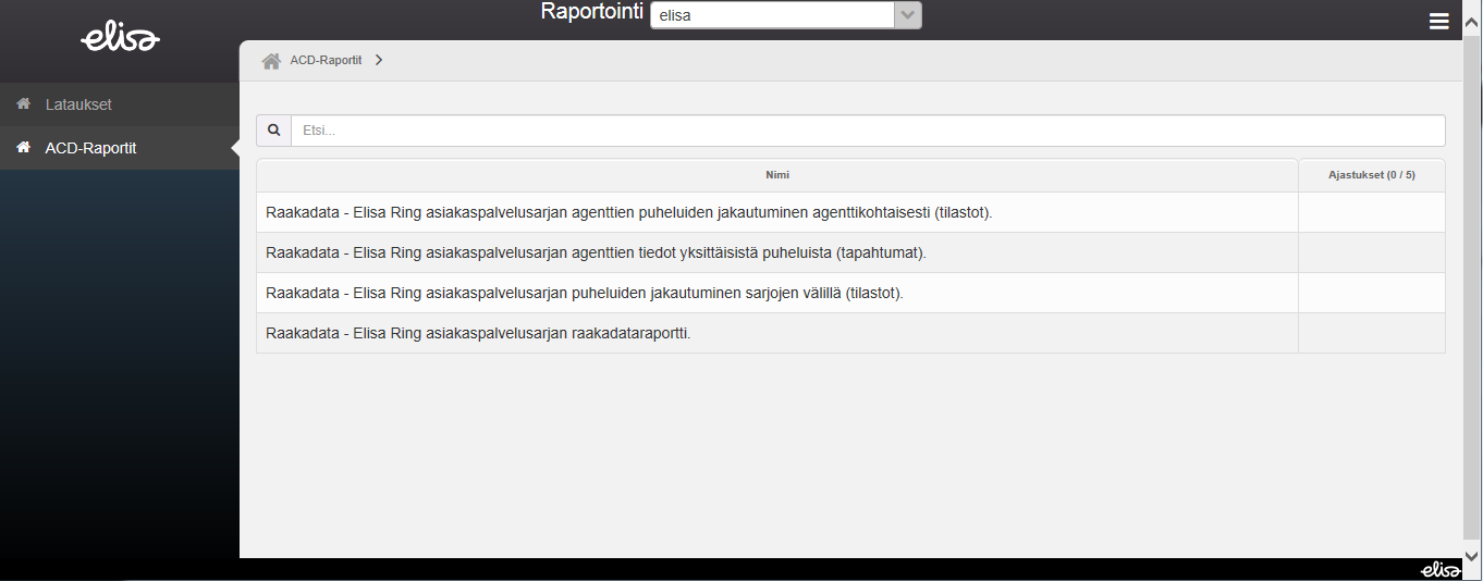 Elisa Oyj Elisa Ring 32 (41) Valittaessa "raportointi" käyttäjä siirtyy automaattisesti uudelle välilehdelle. Sivu avautuu raportoinnin etusivulle. 11.1.2 Pääkäyttäjä Pääkäyttäjät pääsevät uuteen raportointiin kirjautumalla ensin Oma Elisaan (https://oma.