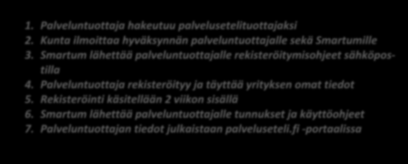 24 1. Palveluntuottaja hakeutuu palvelusetelituottajaksi 2. Kunta ilmoittaa hyväksynnän palveluntuottajalle sekä Smartumille 3.