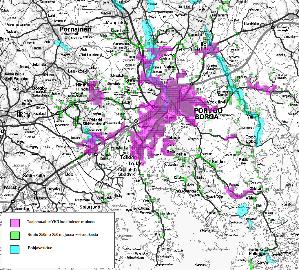23 Kuva 4. Porvoon YKR-taajama-alueet, ruudut, joissa 250 m x 250 m alueella vähintään 6 