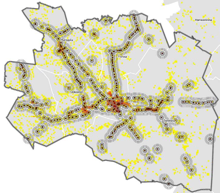 Kuva 8. Väestö bussipysäkkien vaikutusalueella. 3.