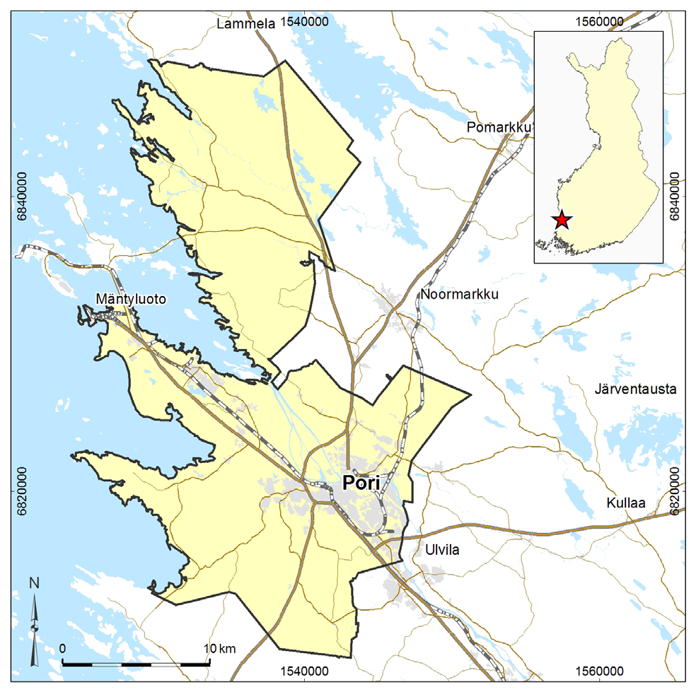 Porin alueen maaperän rakennettavuusselvitys Kuva 1. Maaperän rakennettavuusselvityksen tutkimusalue. Karttojen koordinaatisto: KKJ. Karttojen ulkoasu: Kirsti Keskisaari, GTK.